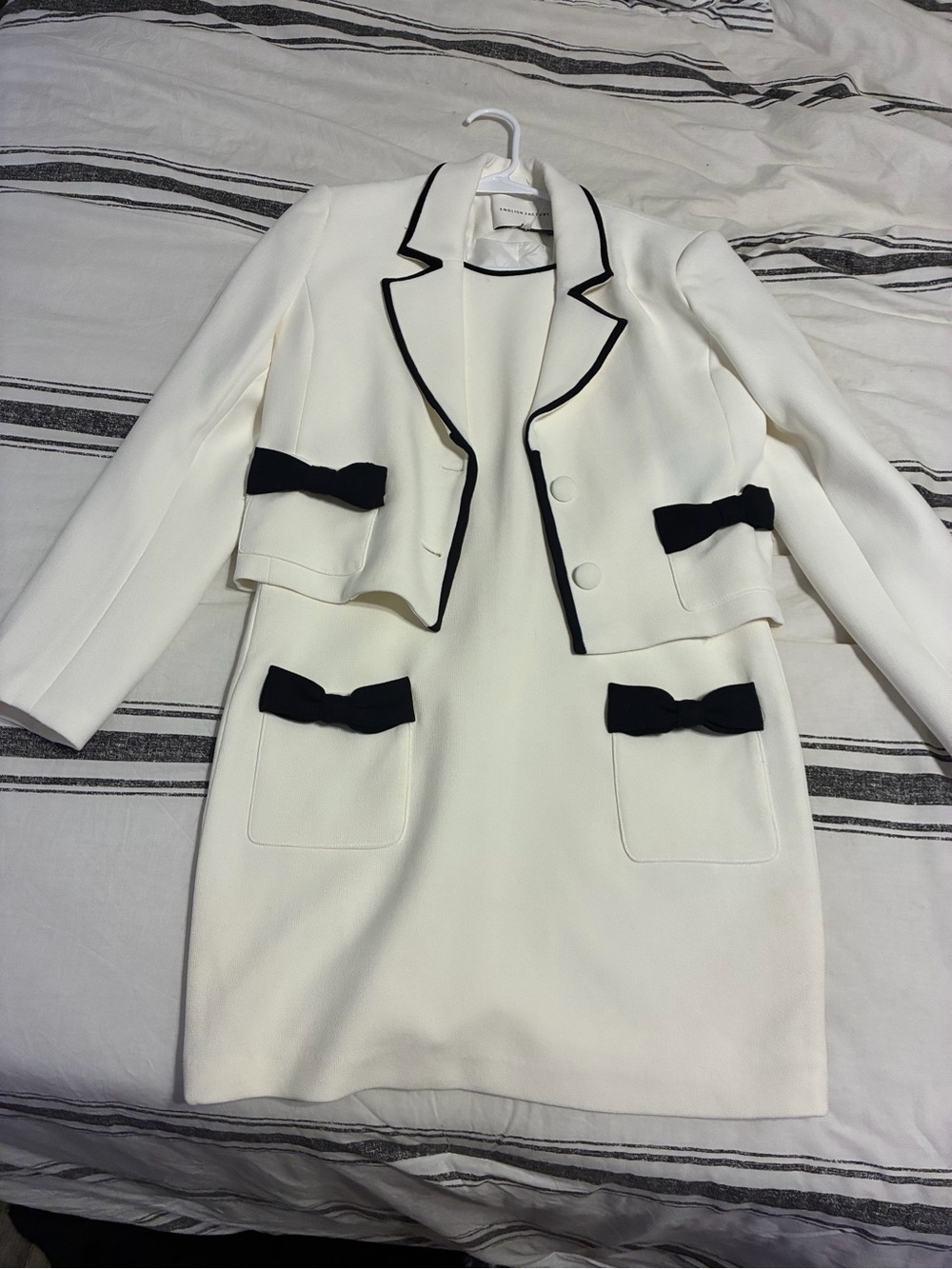 English Factory White Mini Dress and Cropped Jacket with Black Trim & Bows